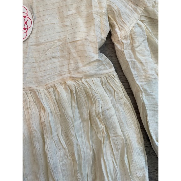 NEW Umgee Cream Metallic Stripe Babydoll Dress Flowy Ruffle Sleeve M - Picture 2 of 3